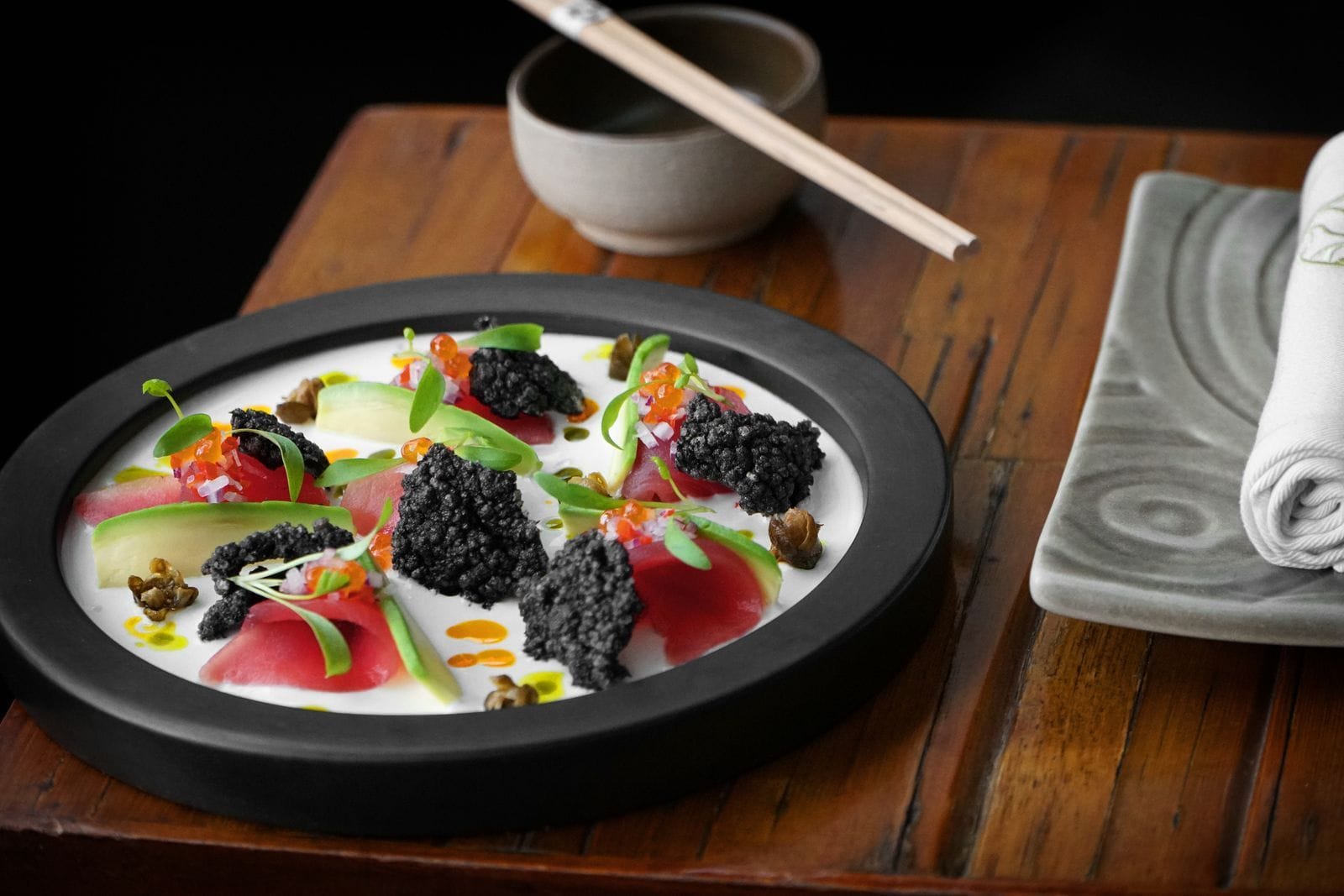Modern gourmet sushi dish with caviar
