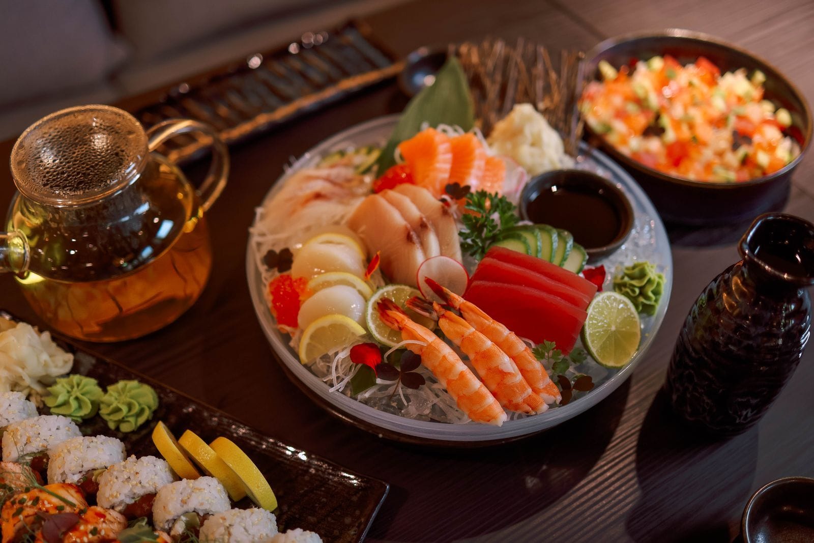 Japanese sushi and sashimi meal with tea